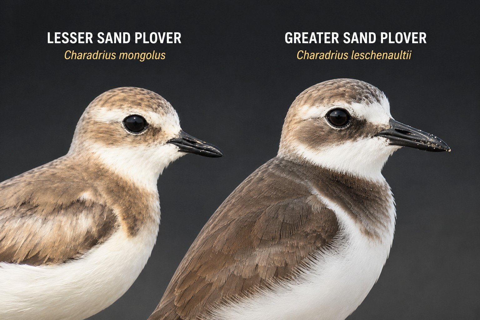 Head-and-shoulders comparison of a Lesser Sand Plover and a Greater Sand Plover side by side, labelled, showing the difference in bill length and heaviness.