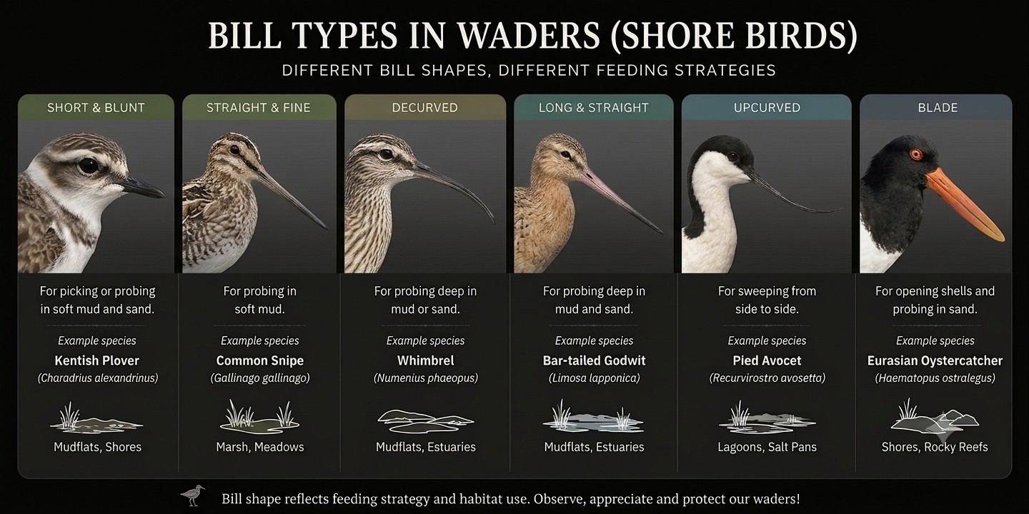 Six wader bill types illustrated side by side: short and blunt (Kentish Plover), straight and fine (Common Snipe), decurved (Whimbrel), long and straight (Bar-tailed Godwit), upcurved (Pied Avocet) and blade (Eurasian Oystercatcher), each with its feeding action and habitat.