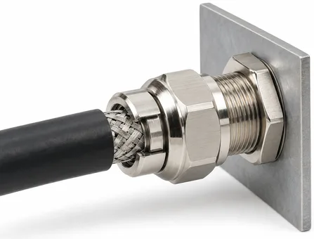 Metal EMC cable gland in a steel panel plate