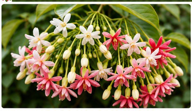 A cluster of Begum Bahar flowers showing white, pale pink and deep red blooms together.