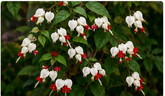 White heart-shaped bracts with red flowers emerging, hanging along an arching stem.