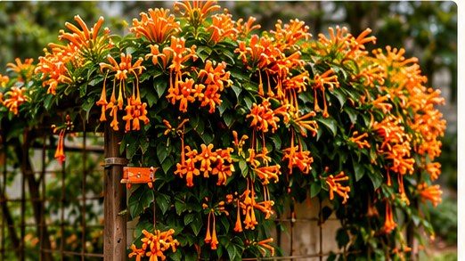 A pergola smothered in orange flame vine trumpets.