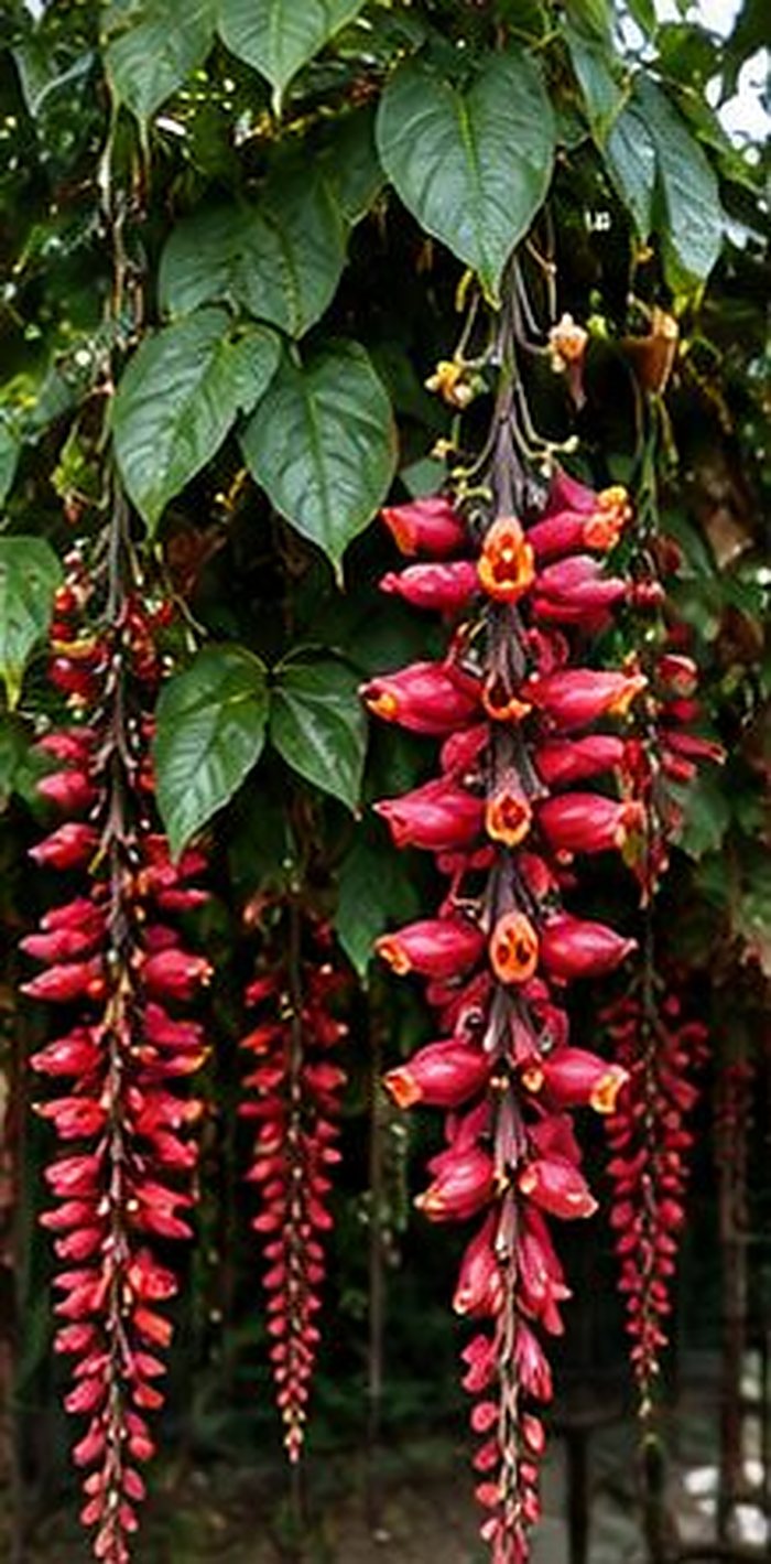 Long hanging chains of deep red and orange Indian clock vine flowers.