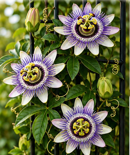 A purple and white passion flower open on a metal railing.