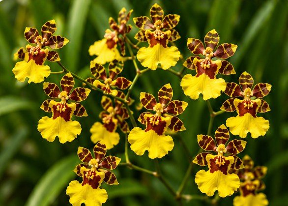 A spray of yellow and brown Oncidium flowers, each shaped like a dancing figure in a skirt.