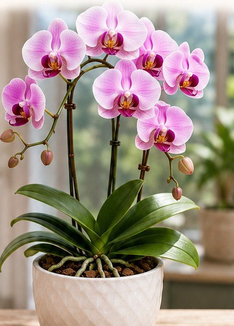 A pink Phalaenopsis orchid in a white pot by a bright window, two arching spikes in full flower.