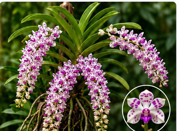 A Rhynchostylis orchid mounted on bark, with long hanging spikes of white and magenta-spotted flowers.
